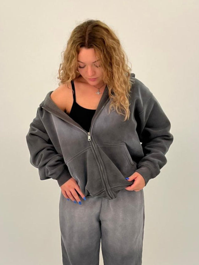 Vintage Fade Zip-Hoodie Dunkelgrau
